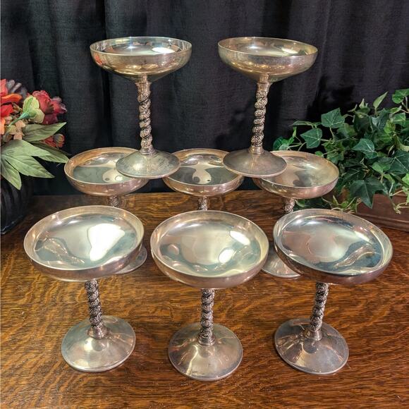 8 Vintage Silver Plated Twisted Vine Stem Martini Coupe Glasses Valero Spain - Picture 1 of 8